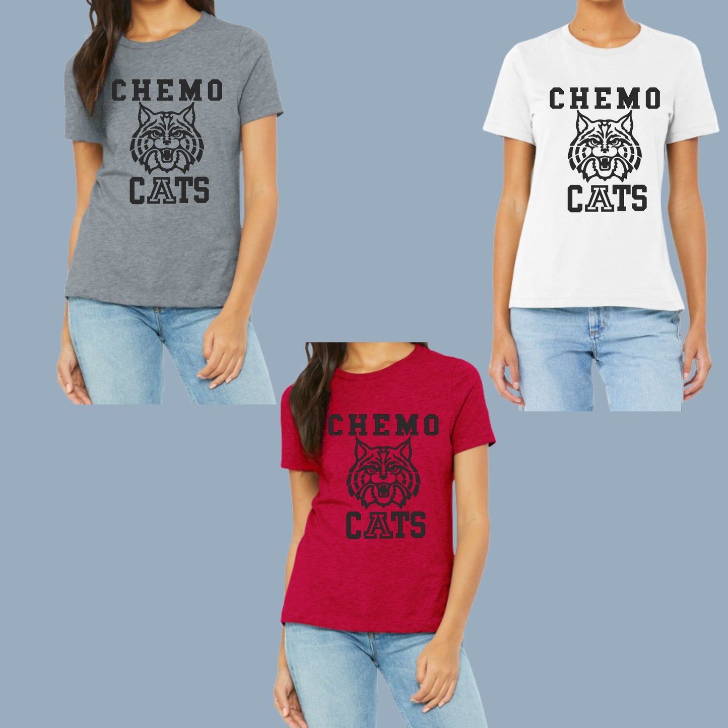CHEMO CATS DESIGN #2 Bella Canvas WOMENS T-Shirt, different color options to choose from in dropdowns