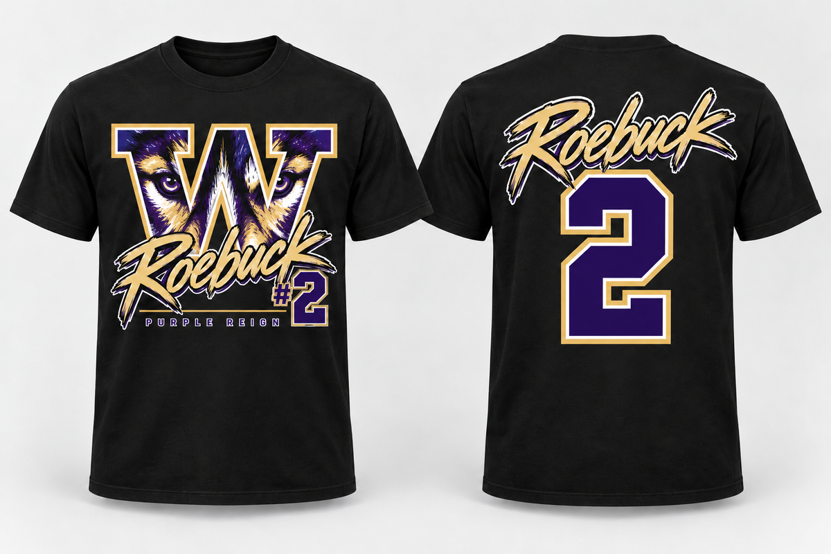 Roebuck 14 Purple Reign - Black cotton tee front and back mockup