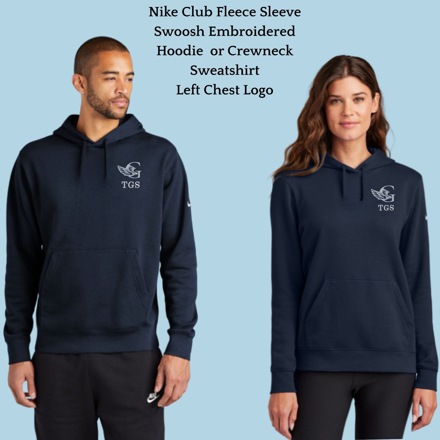 The Gregory School Nike Embroidered #4 G-Hawk Left Chest Logo Unisex Crewneck or Hoodie Sweatshirt