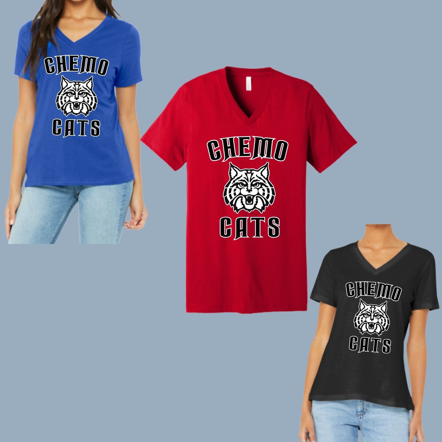 CHEMO CATS DESIGN #1 Bella Canvas WOMENS or Unisex V-Neck T-Shirt