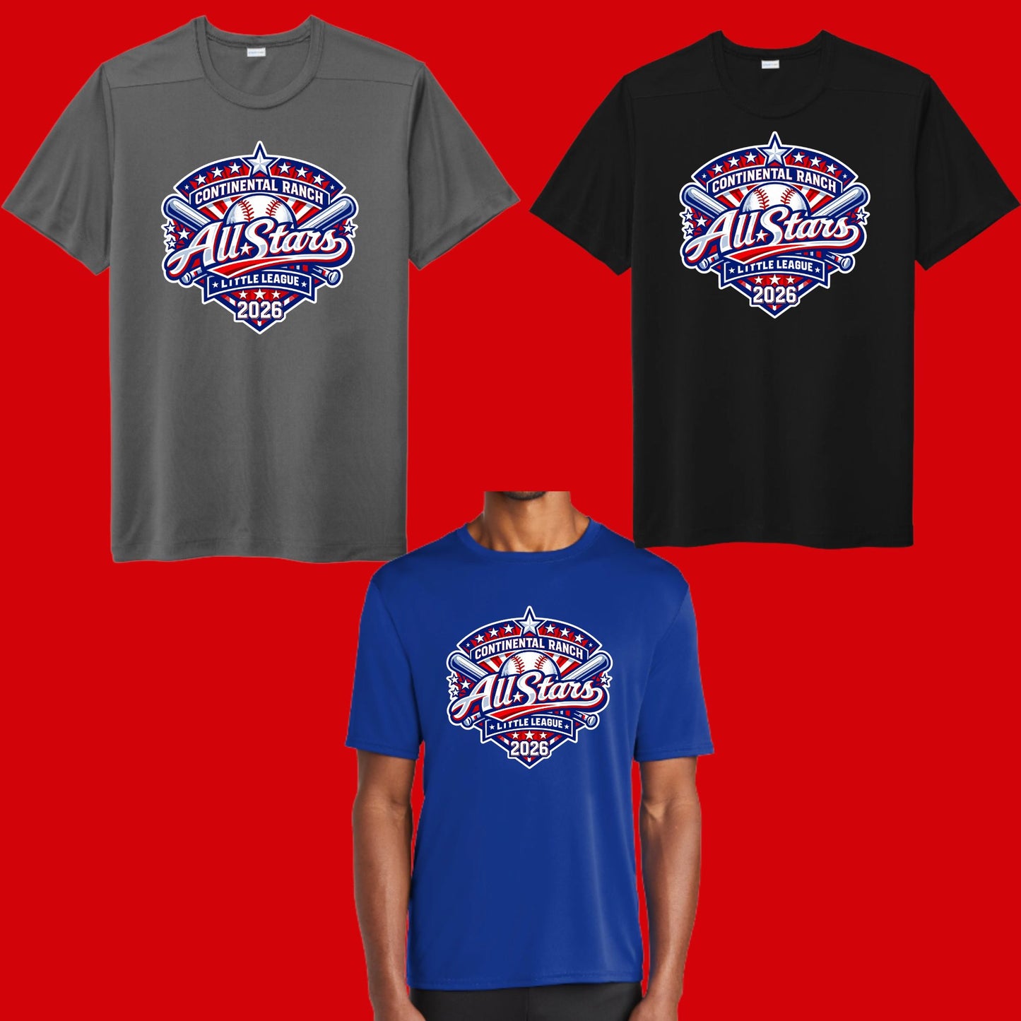 Continental Ranch Little League ALL-STARS DRI-FIT Performance T-shirt Full Chest Logo Youth or Unisex Option to Customize back