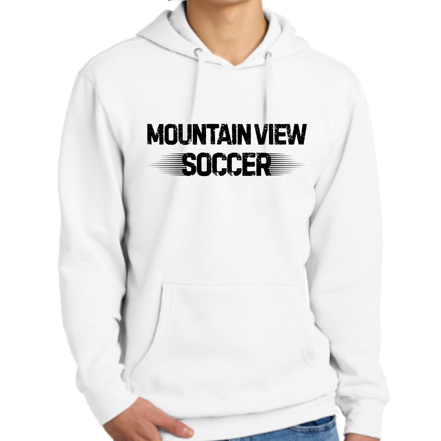 Mountain View Soccer Design #2 Unisex Crewneck or Hoodie Sweatshirt Black, White, Grey