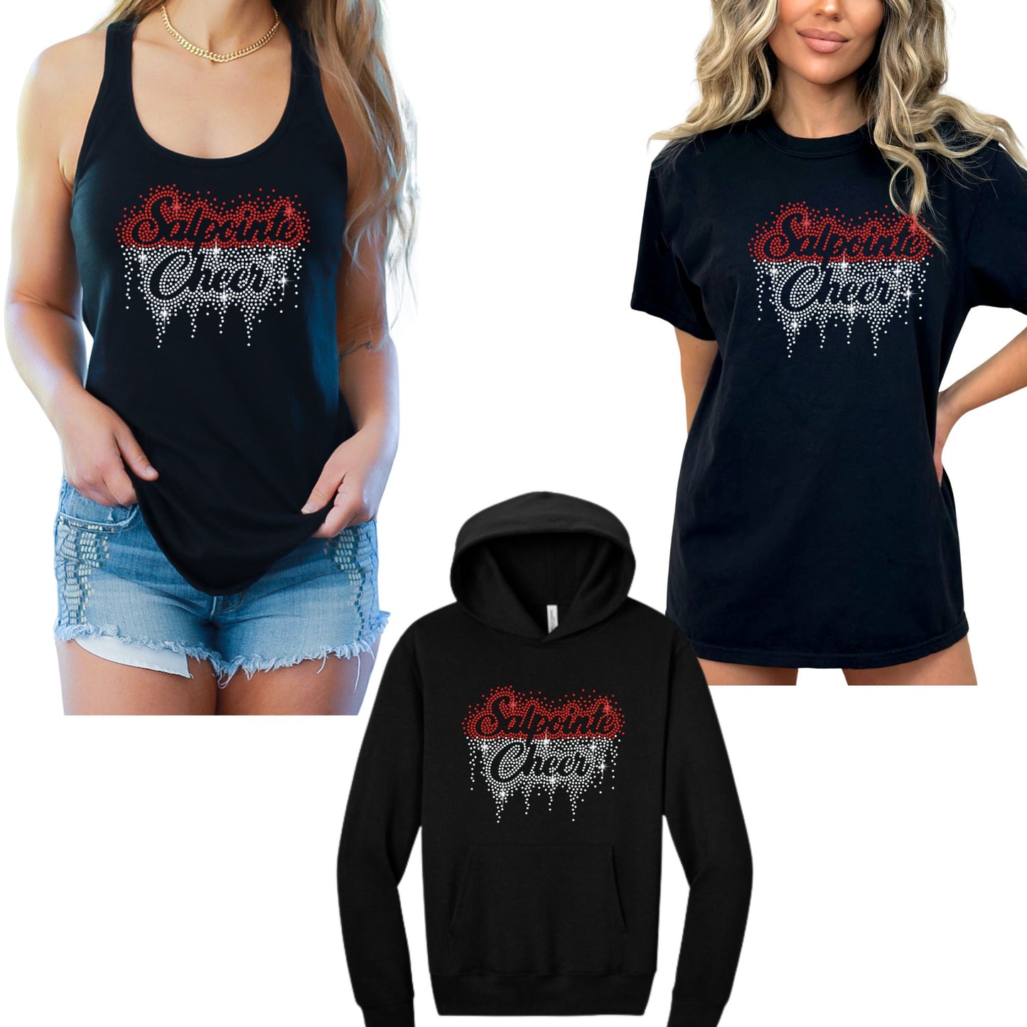 Salpointe Cheer Rhinestone Cursive Font Bling Hoodie, Crewneck, Women's or Unisex T-Shirt Maroon or Black