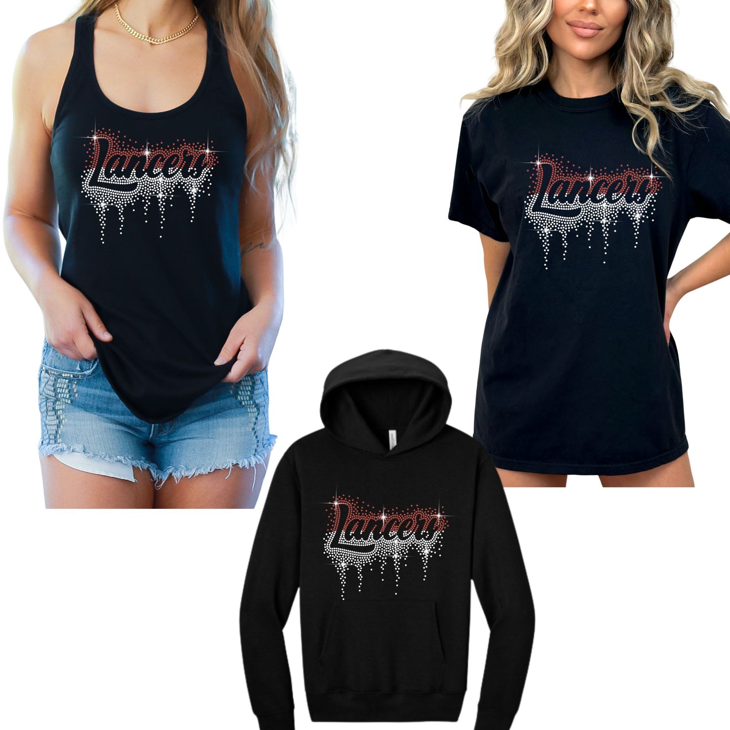 Salpointe Lancers Rhinestone Cursive Font Bling Hoodie, Crewneck, Women's or Unisex T-Shirt Maroon or Black