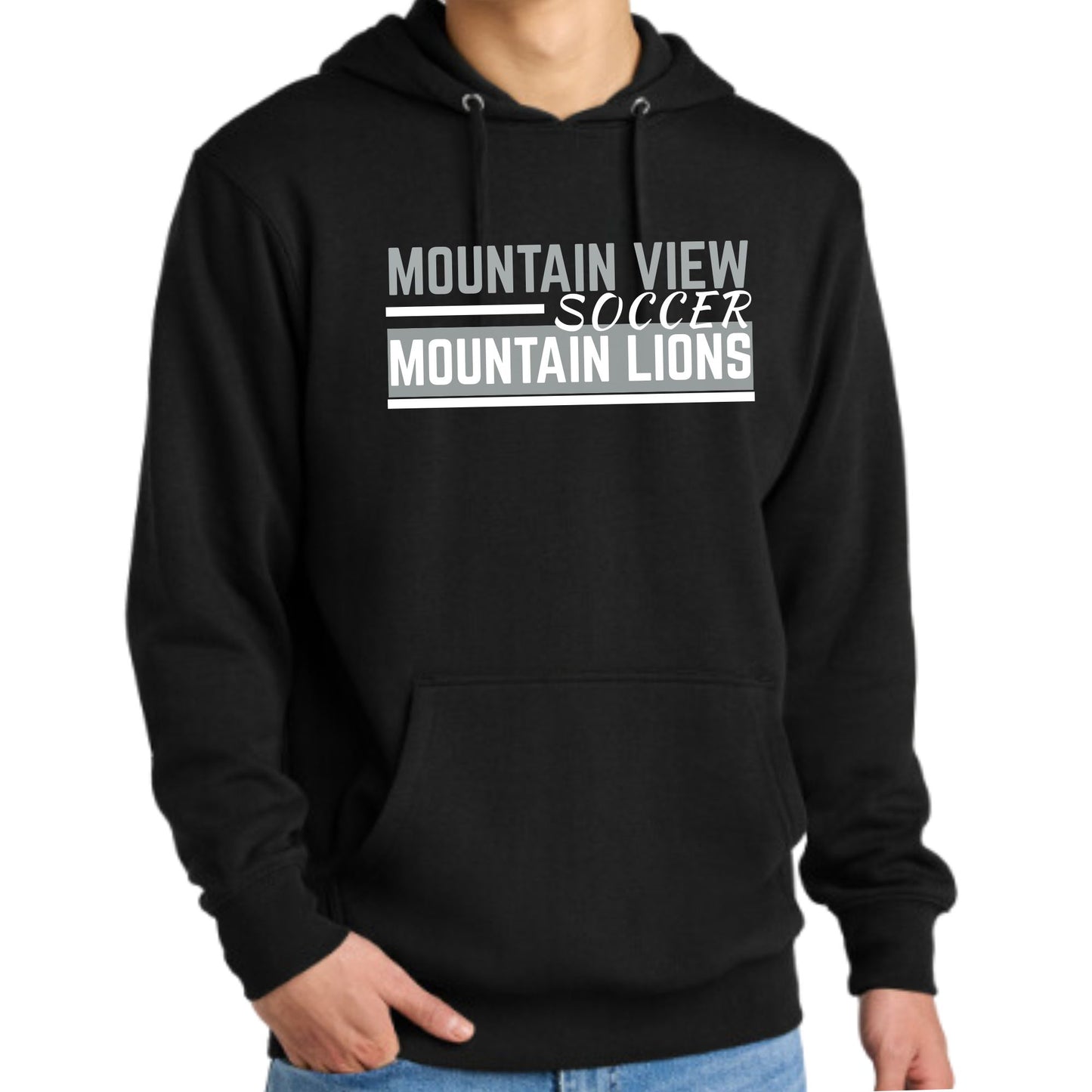 Mountain View Soccer Design #1 Unisex Crewneck or Hoodie Sweatshirt Black or Grey