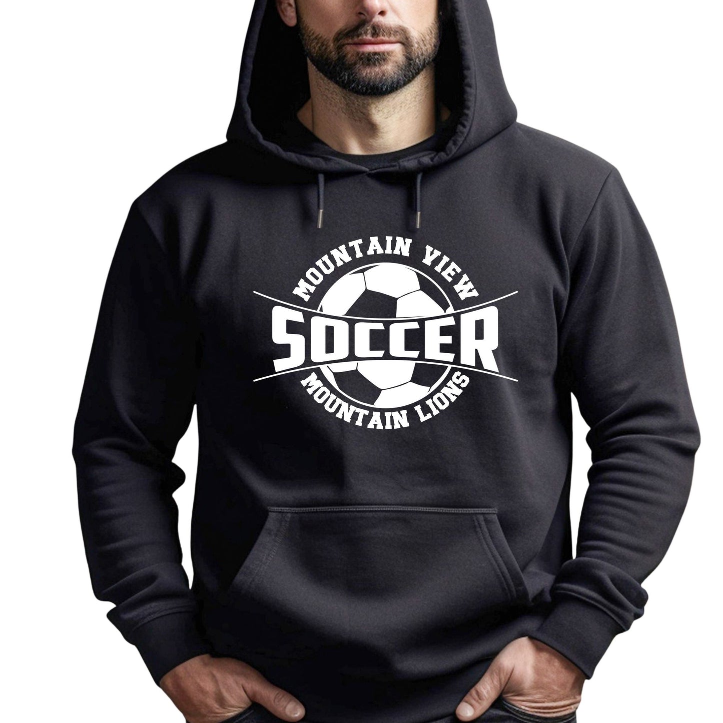 Mountain View Soccer Design #3 Unisex Crewneck or Hoodie Sweatshirt Black or Grey