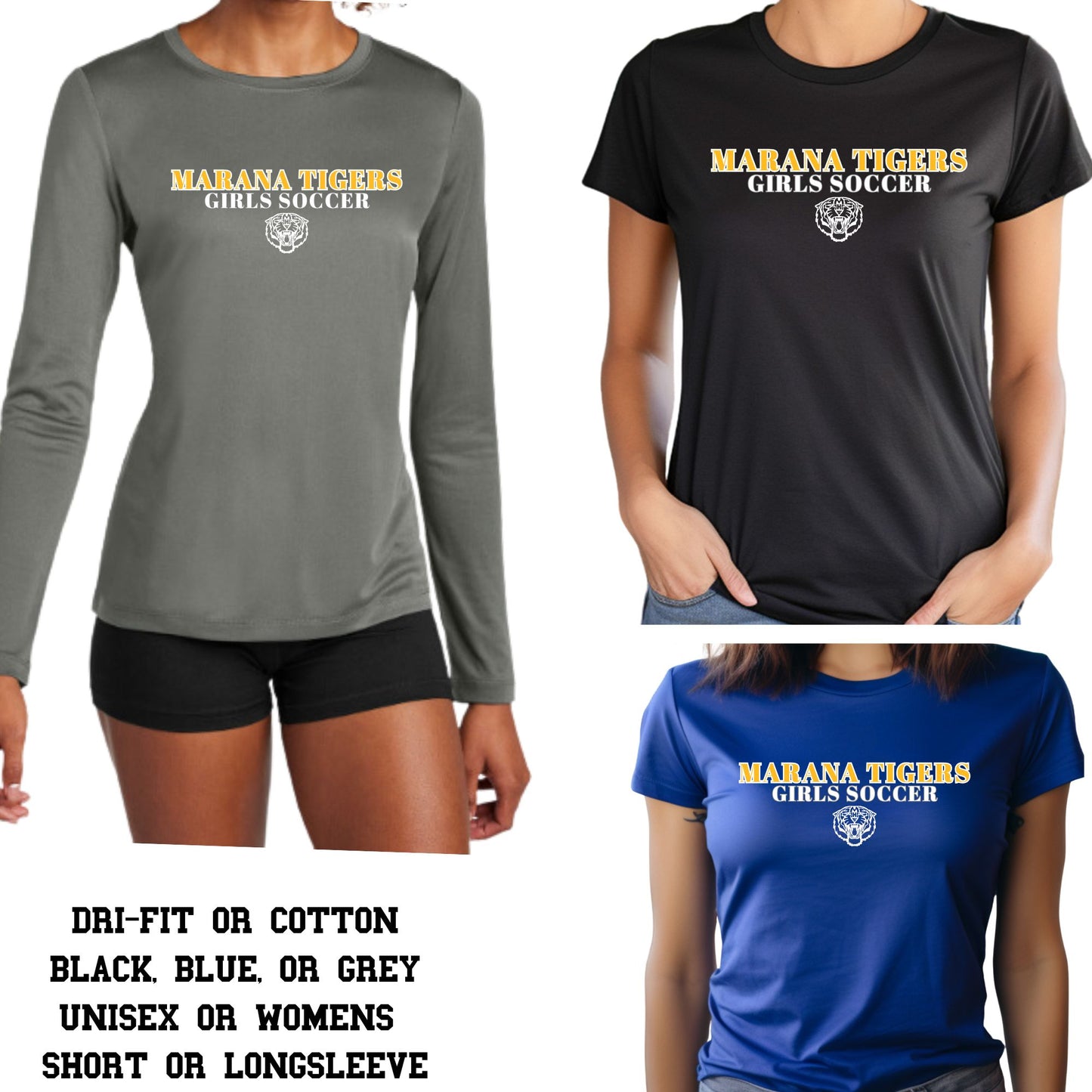Marana Tigers Soccer Design #4 Bella Canvas Cotton T-Shirts or Dri-Fit Short or Longsleeve in Black or Blue