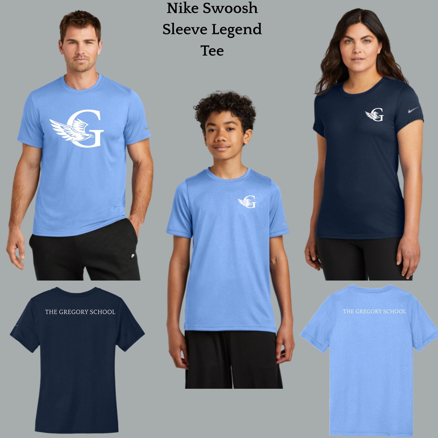 The Gregory School Nike Dri-Fit Performance T-Shirt Design #4 G Hawk Logo Youth, Women's, and Men's