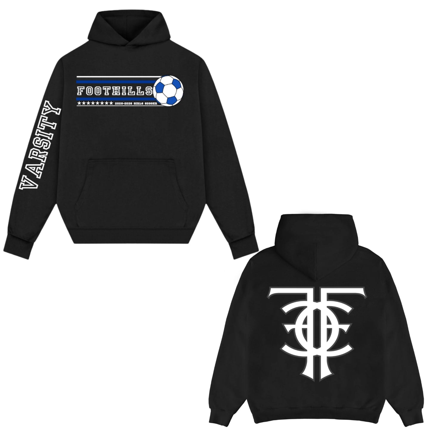 Catalina Foothills Soccer 2025 Player Hoodie with XL Design on back Optional Varsity on Sleeve