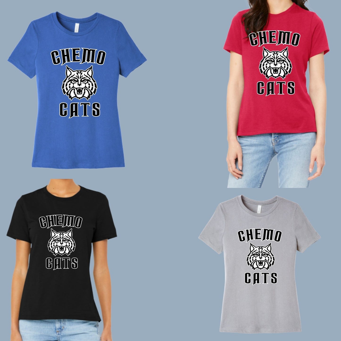 CHEMO CATS DESIGN #1 Bella Canvas WOMENS T-Shirt, different color options to choose from in dropdowS
