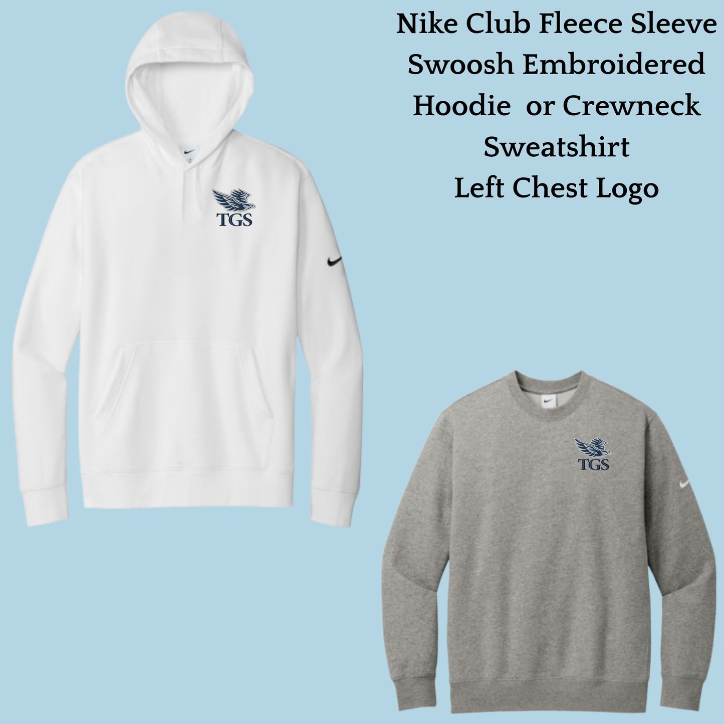 The Gregory School Nike Embroidered #5 TGS Hawk Left Chest Logo Unisex Crewneck or Hoodie Sweatshirt