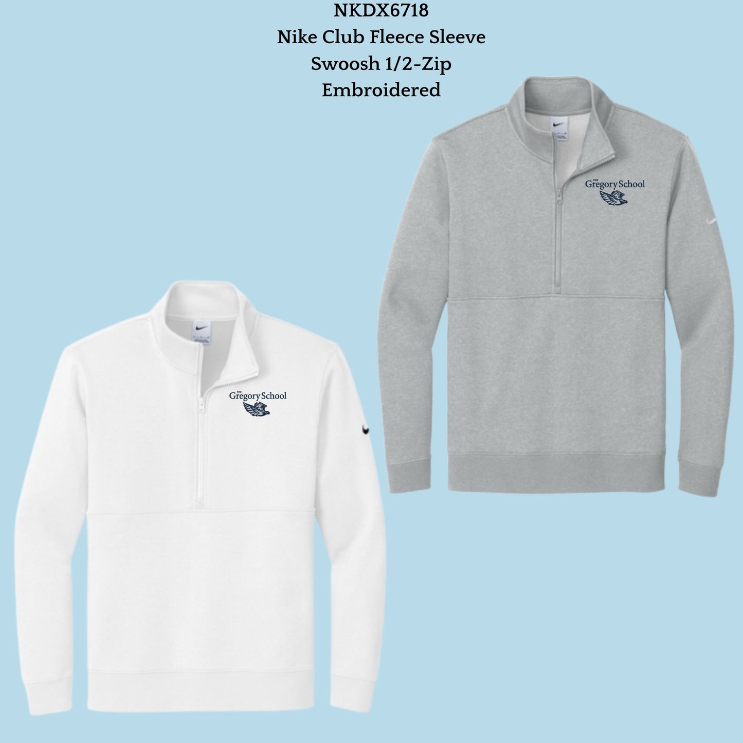 The Gregory School Embroidered Nike Club Fleece Sleeve Swoosh Pullover Sweater Women's and Men's