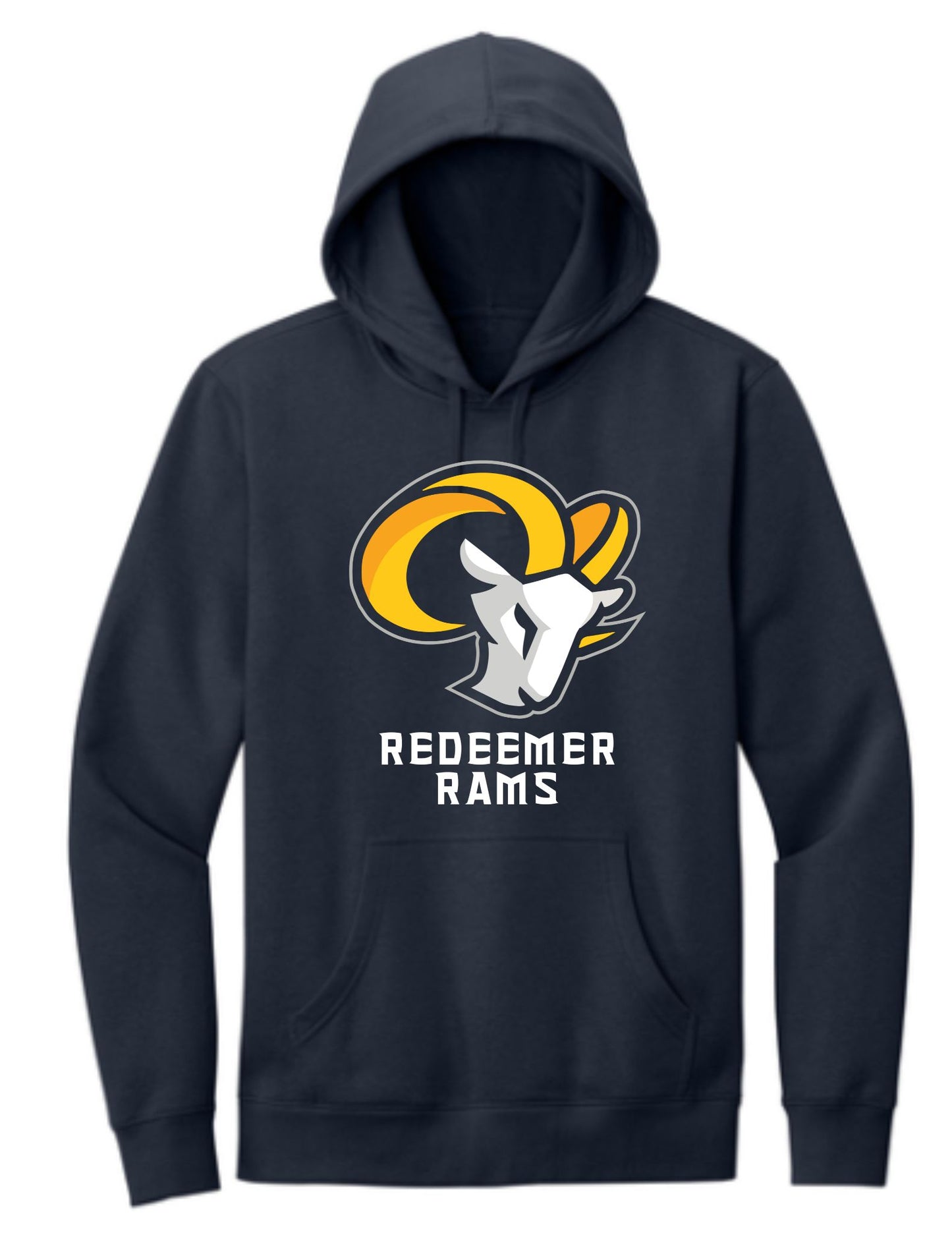 Redeemer Lutheran Church & School Cotton Navy Blue District Hoodie or Crewneck with Rams Logo in Youth, or Unisex Adult