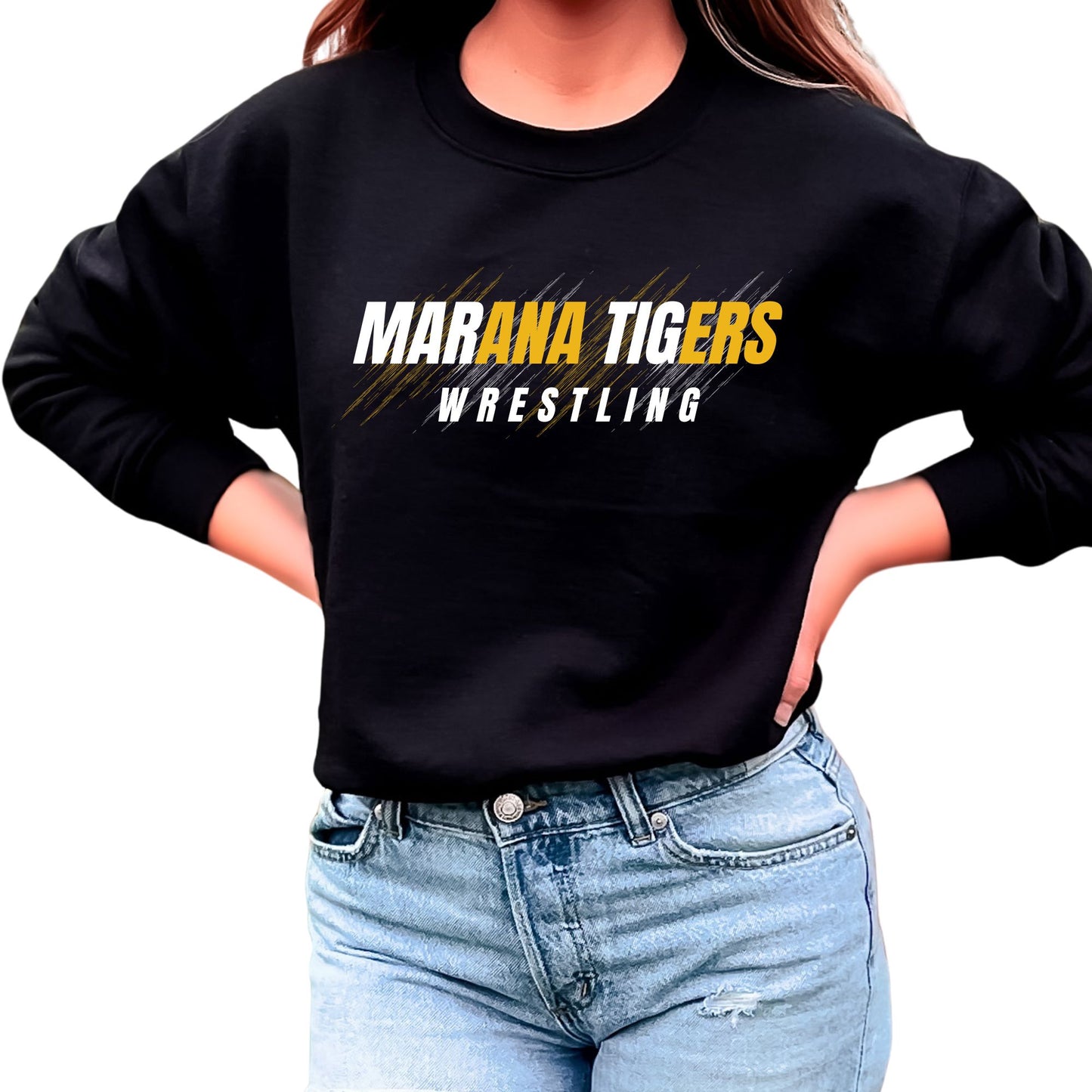 Marana Tigers Wrestling Design #2 Crewneck Sweatshirt or Hoodie Unisex and Youth Black, Blue, or Grey