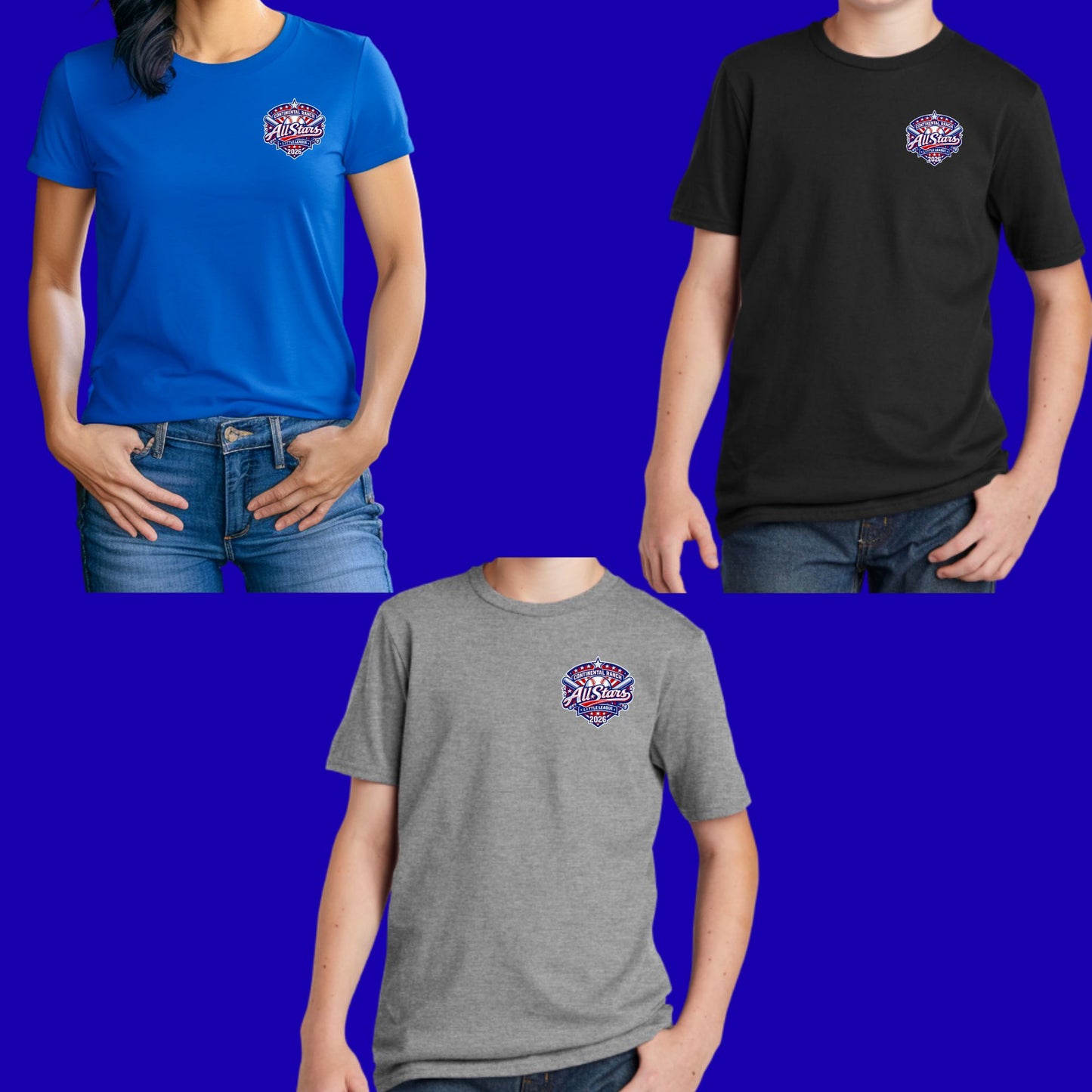 Continental Ranch Little League ALL-STARS Cotton T-shirt Small Left Chest Logo Youth, Women's, Unisex Option to Customize back
