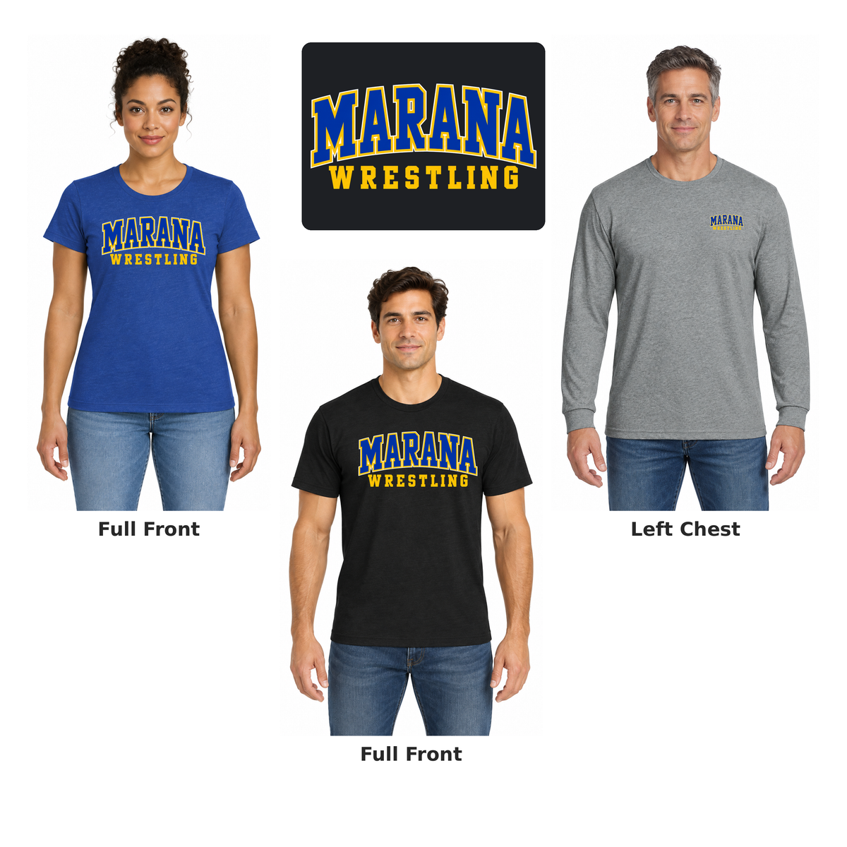 Marana Wrestling Collegiate Cotton: full front and left chest examples with enlarged artwork detail.