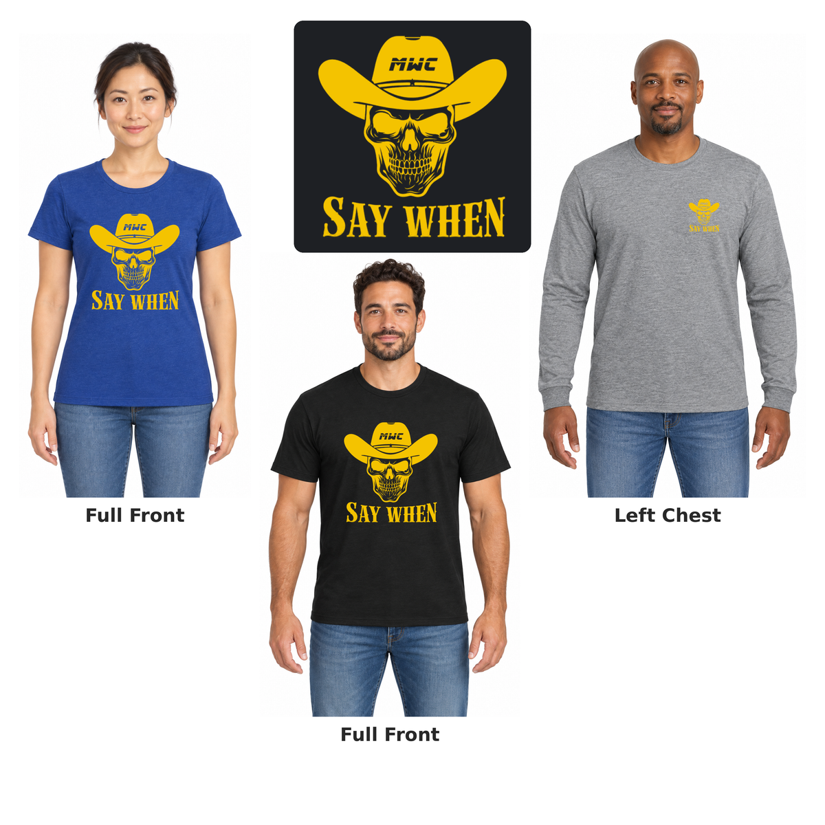 Marana Wrestling Say-When-Gold Cotton: full front and left chest examples with enlarged artwork detail.