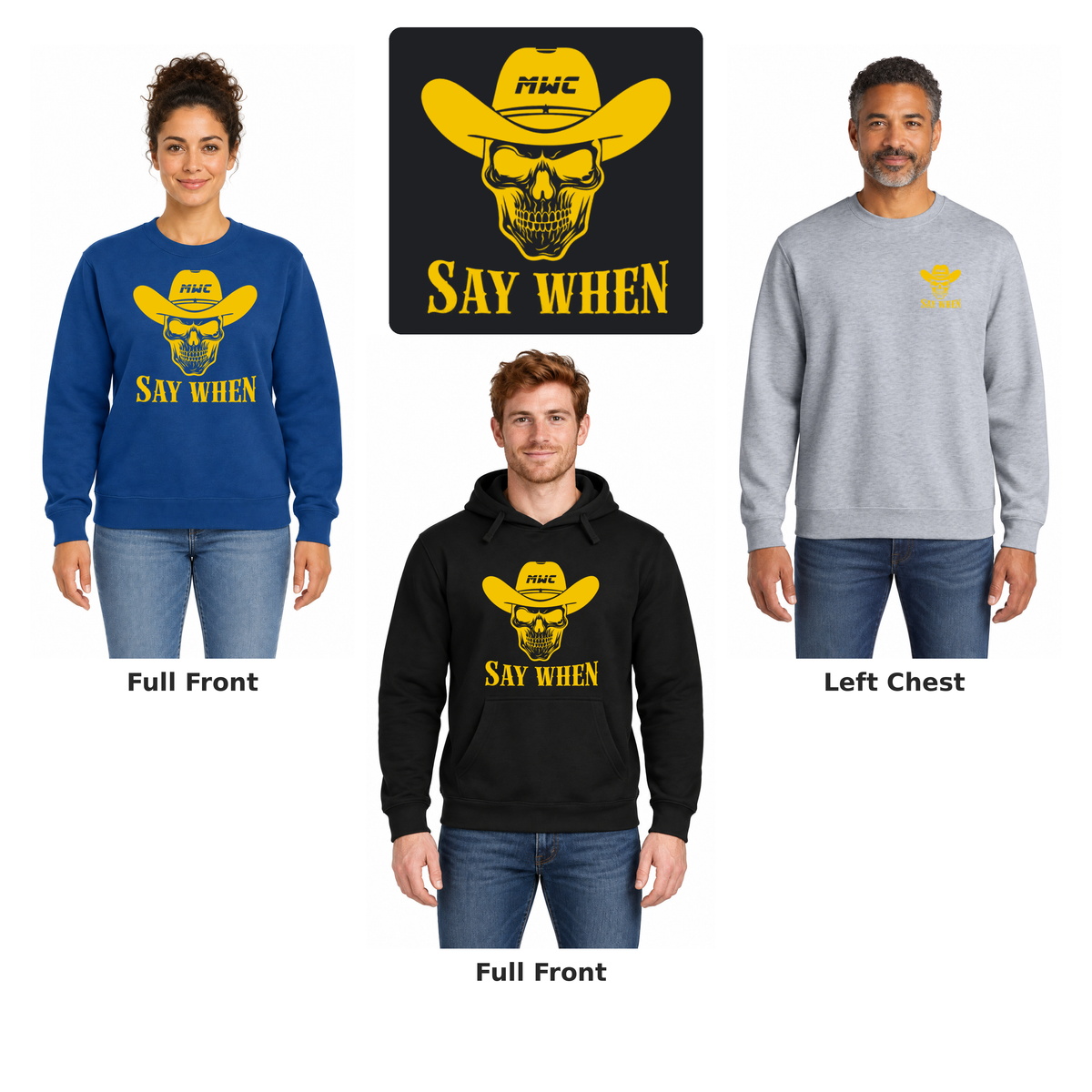 Marana Wrestling Say-When-Gold Fleece: full front and left chest examples with enlarged artwork detail.