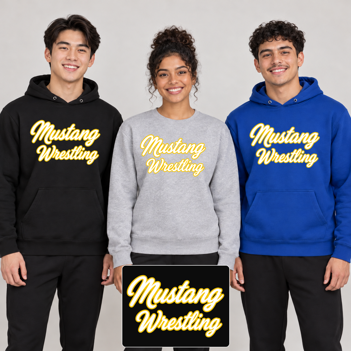 Mustang Wrestling Without Mascot on Black and Deep Royal hoodies and a Light Heather Gray crewneck sweatshirt, shown on three young adult models with an enlarged artwork detail.