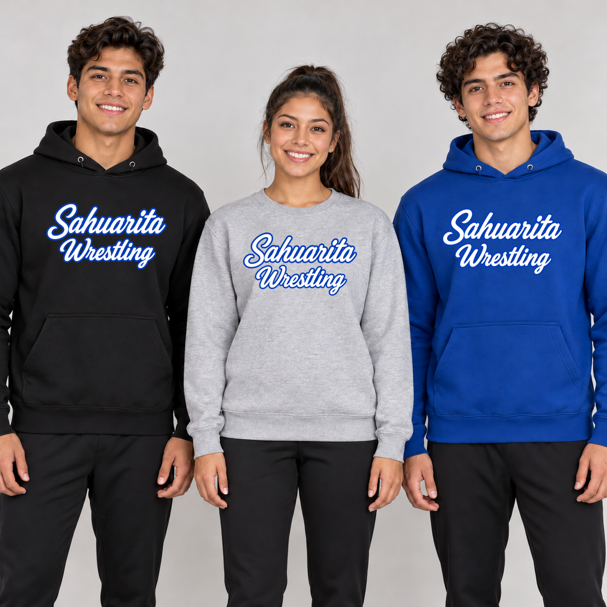 Sahuarita Wrestling Without Mascot on Black and Deep Royal hoodies and a Light Heather Gray crewneck sweatshirt, shown on three young adult models.