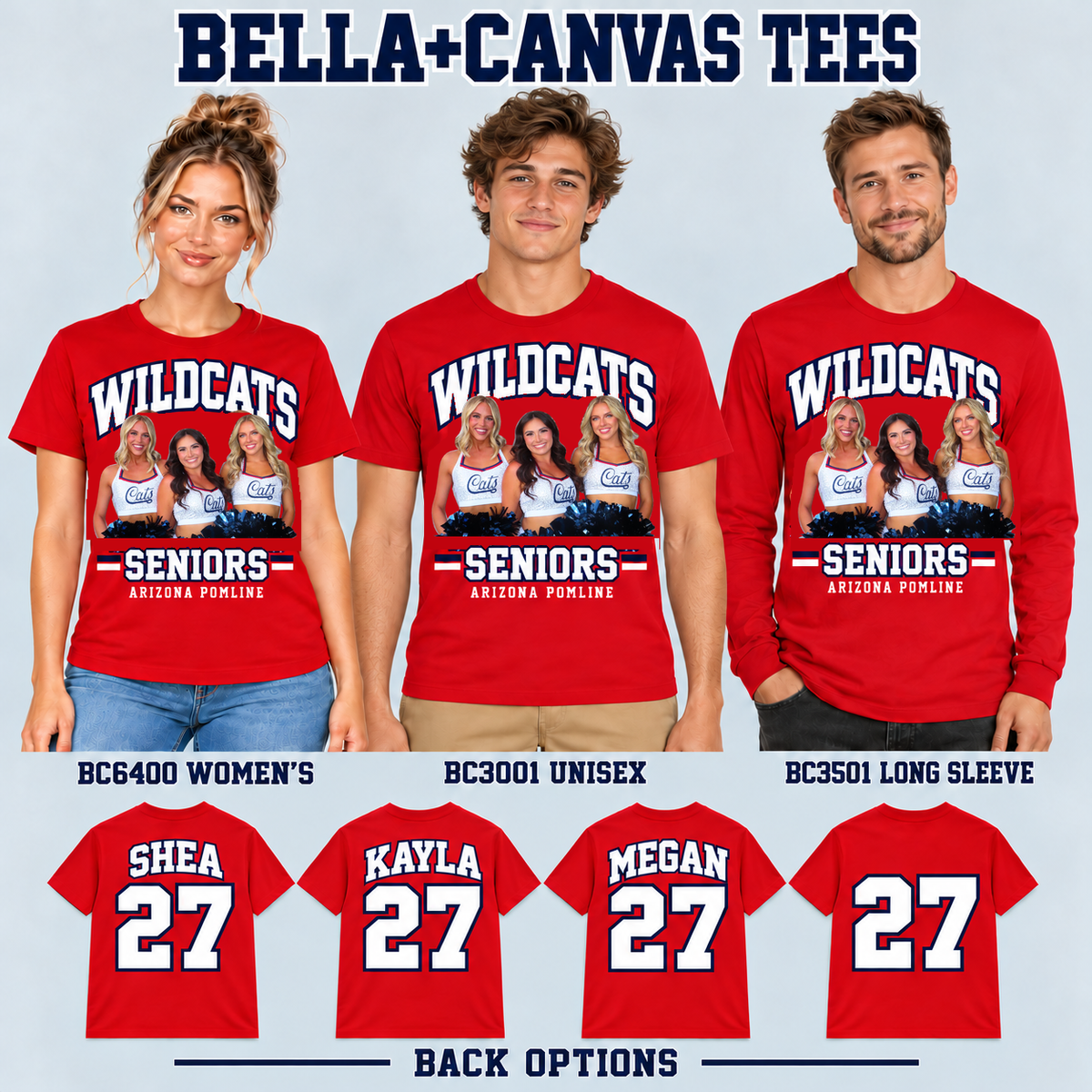 Arizona Pomline Bella Canvas women's BC6400, college-age adult model in BC3001 unisex and BC3501 long sleeve with four back choices