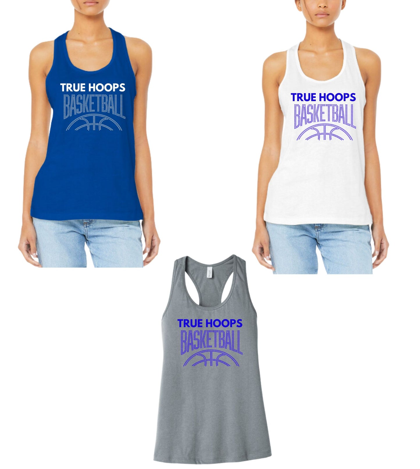 TRUE HOOPS BASKETBALL Women's Bella Canvas Bling Rhinestone Tanktop or T-Shirt