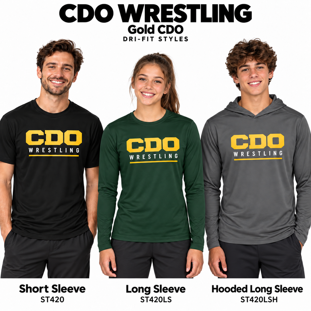 Gold CDO Wrestling Dri-Fit styles with adult male in black short sleeve, teen girl in forest green long sleeve, and teen boy in dark smoke grey hooded long sleeve