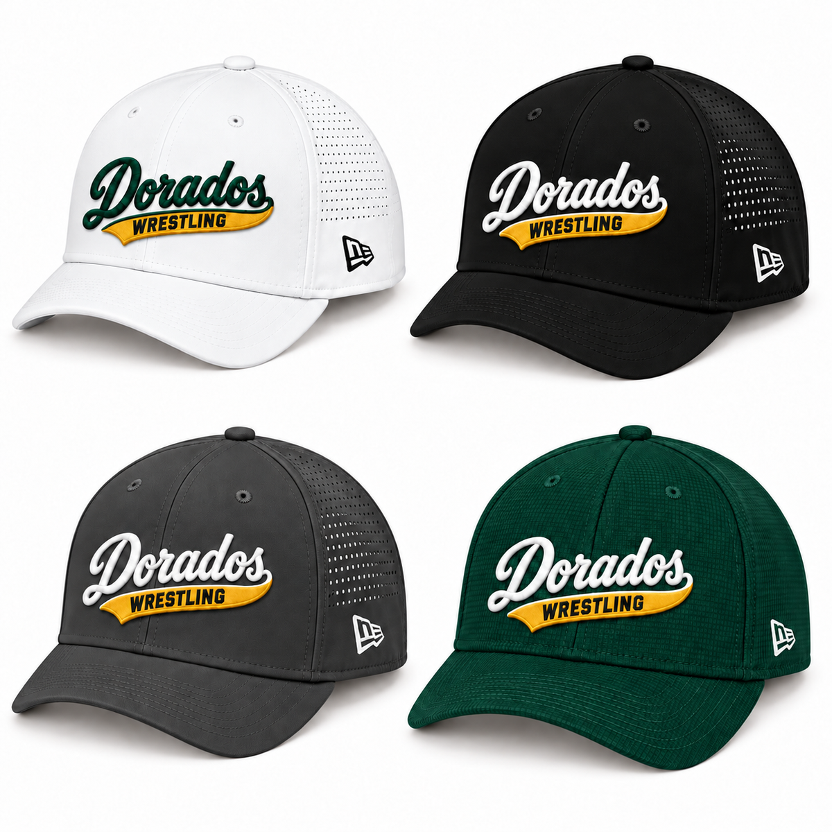 CDO Wrestling Dorados script #29 snapback hats in White, Black, Graphite and Flag Dark Green