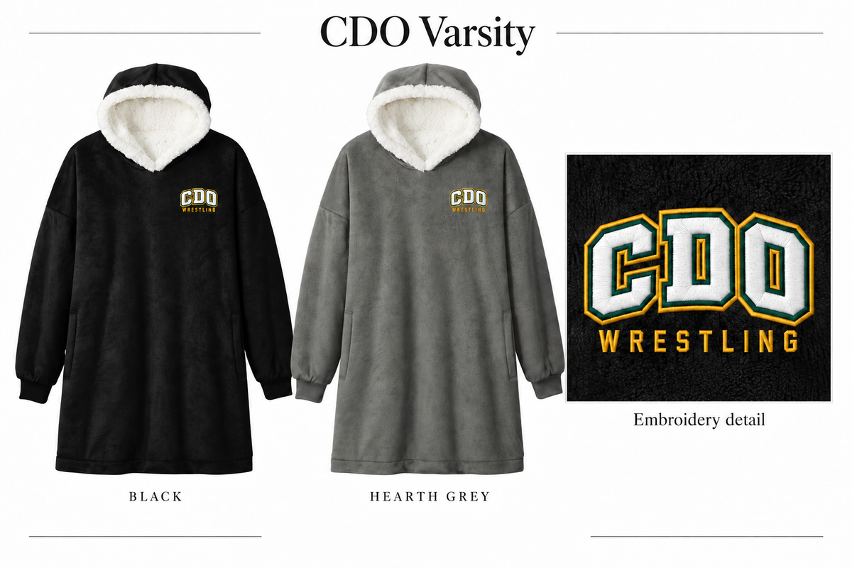 CDO Wrestling Varsity embroidered wearable blanket in Black and Hearth Grey with left-chest embroidery detail