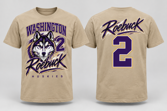 Roebuck 10 Husky Washington - Desert Tan & Griege cotton tee front and back mockup