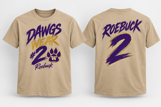 Roebuck 12 Dawgs Wear 2 - Desert Tan & Griege cotton tee front and back mockup