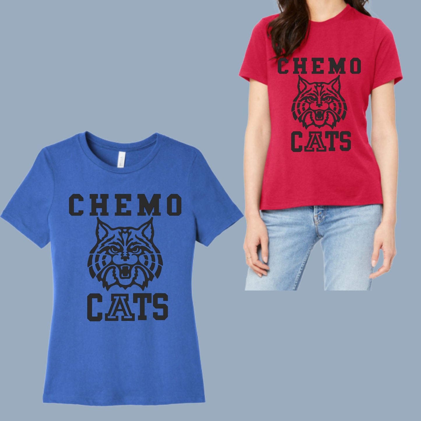 CHEMO CATS DESIGN #2 Bella Canvas WOMEN'S HEATHER T-Shirt, different color options to choose from DROPDOWNS
