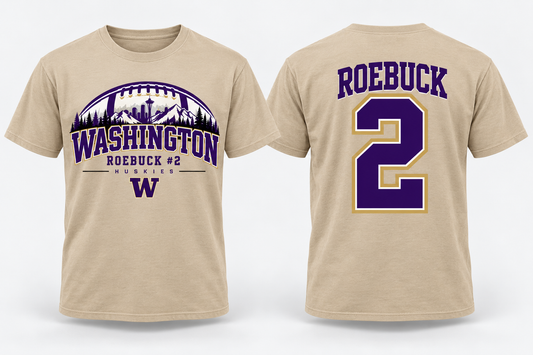Roebuck 13 Football Skyline - Desert Tan & Griege cotton tee front and back mockup