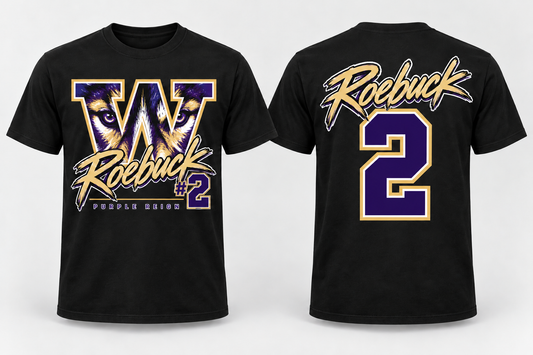Roebuck 14 Purple Reign - Black cotton tee front and back mockup