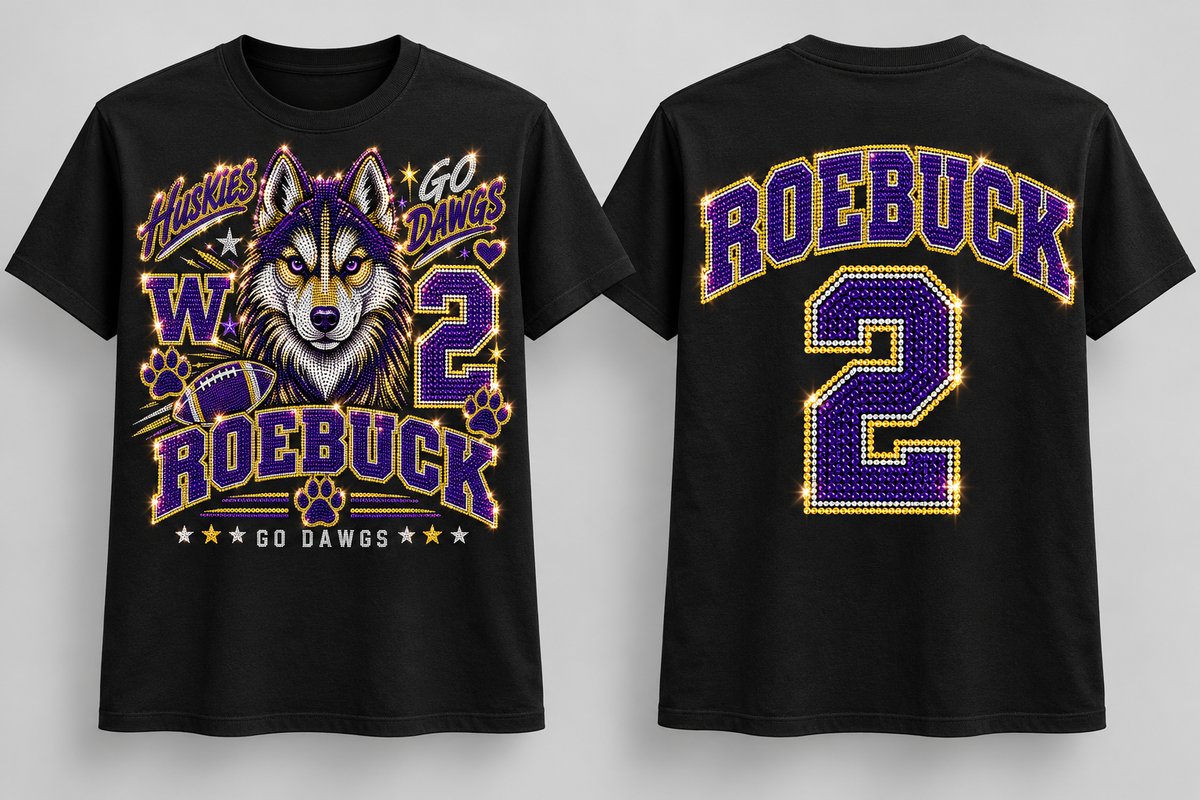 Roebuck 15 Husky Bling - Black cotton tee front and back mockup