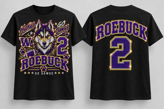 Roebuck 15 Husky Bling - Black cotton tee front and back mockup