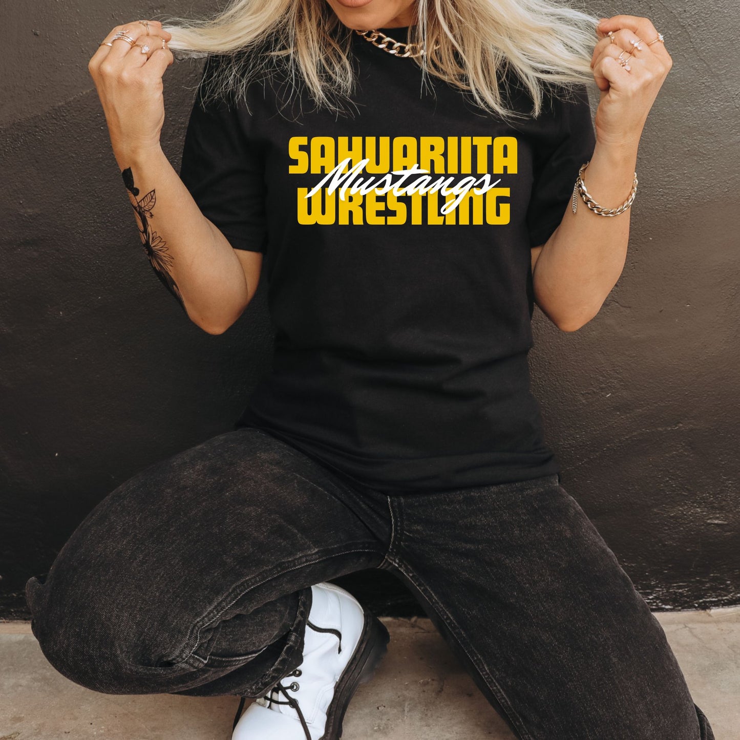 Sahuarita Mustangs Wrestling Design #1 Cotton or Sport-tek Drifit T-Shirt Unisex, Women's, & Youth Sizes