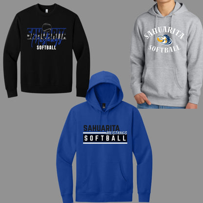 Sahuarita Mustangs Softball Hoodie or Crewneck in 5 different design choices = Black, Grey, or Blue