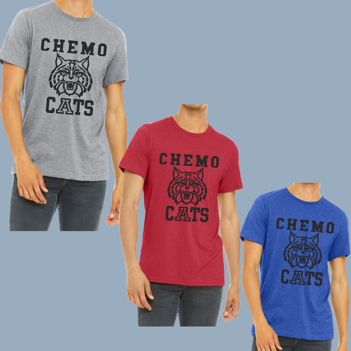 CHEMO CATS DESIGN #2 Bella Canvas UNISEX HEATHER T-Shirt, different color options to choose from IN DROP DOWNS