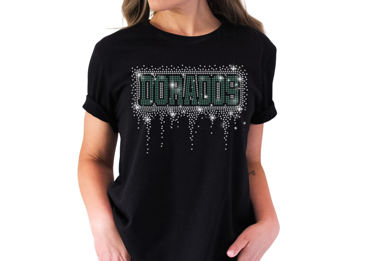CDO Cheer Rhinestone Varsity Font Bling Hoodie, Crewneck, Women's or Unisex T-Shirt in Green, Black, or white