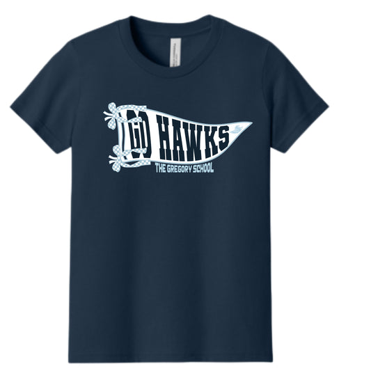 The Gregory School Bella Canvas Go Hawks Pennant T-Shirt Youth, Women's, Unisex Adult Sizes