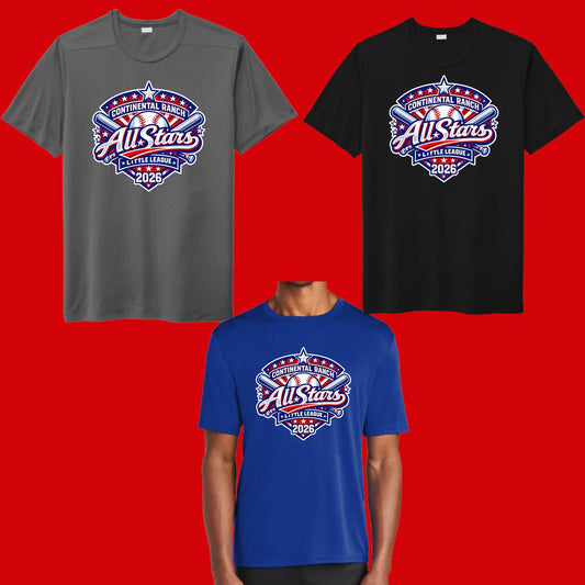 Continental Ranch Little League ALL-STARS DRI-FIT Performance T-shirt Full Chest Logo Youth or Unisex Option to Customize back