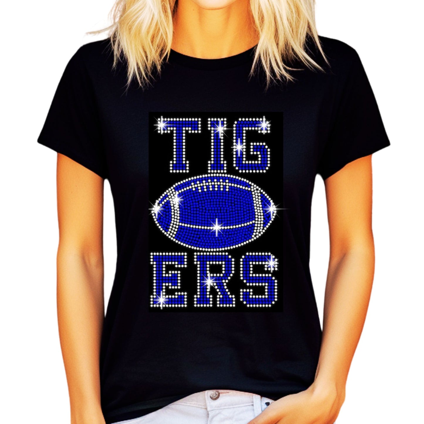 Marana Flag football Rhinestone Bling Shirt or Hoodie customized with name on back (Tigers and Football Design)