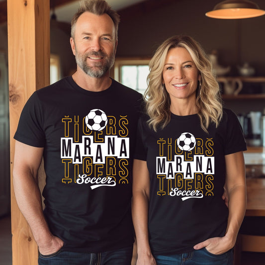 Marana Tigers Soccer Design #1 Bella Canvas Cotton T-Shirts or Dri-Fit Short or Longsleeve in Black or Blue