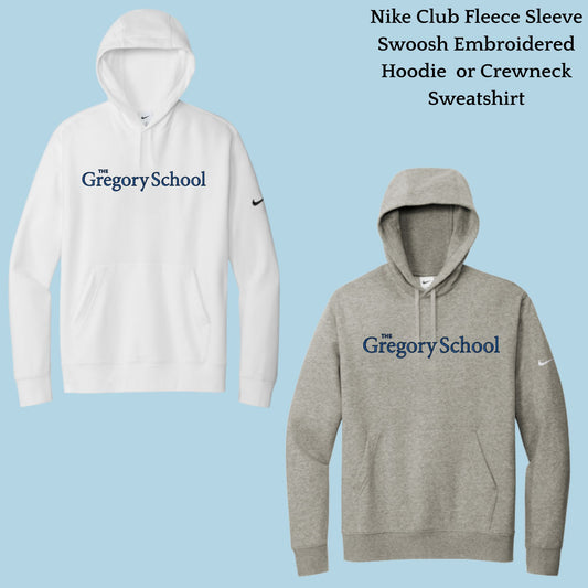 The Gregory School Nike Embroidered #1 Logo Unisex Crewneck or Hoodie Sweatshirt