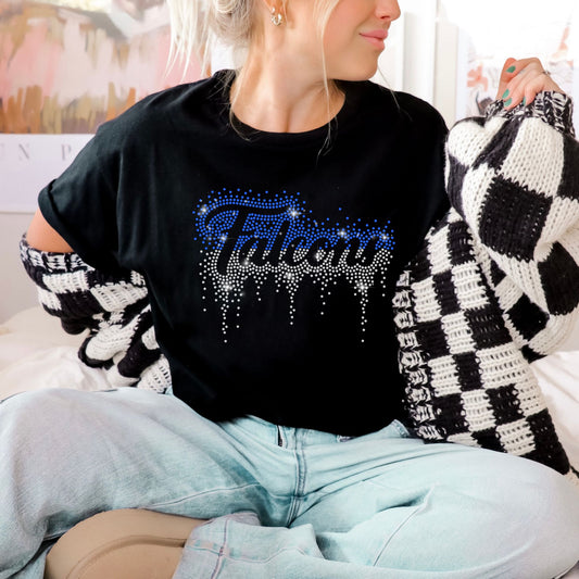 Catalina Foothills Pomline Rhinestone Cursive Font Bling Hoodie, Crewneck, Women's or Unisex T-Shirt in Blue or Black