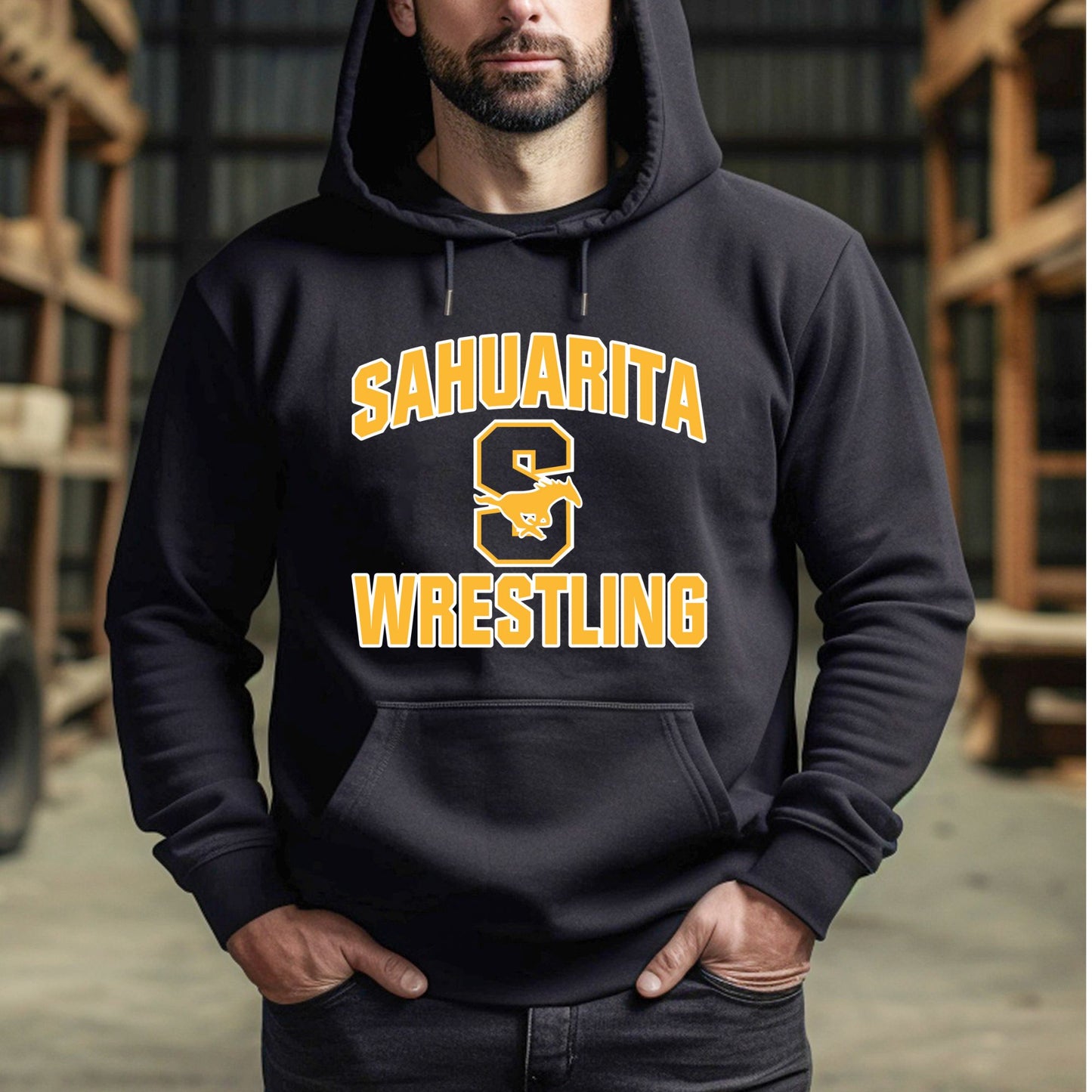 Sahuarita Mustangs Wrestling Hoodie or Crewneck Sweatshirt Unisex and Youth Sizes Gold and White Design