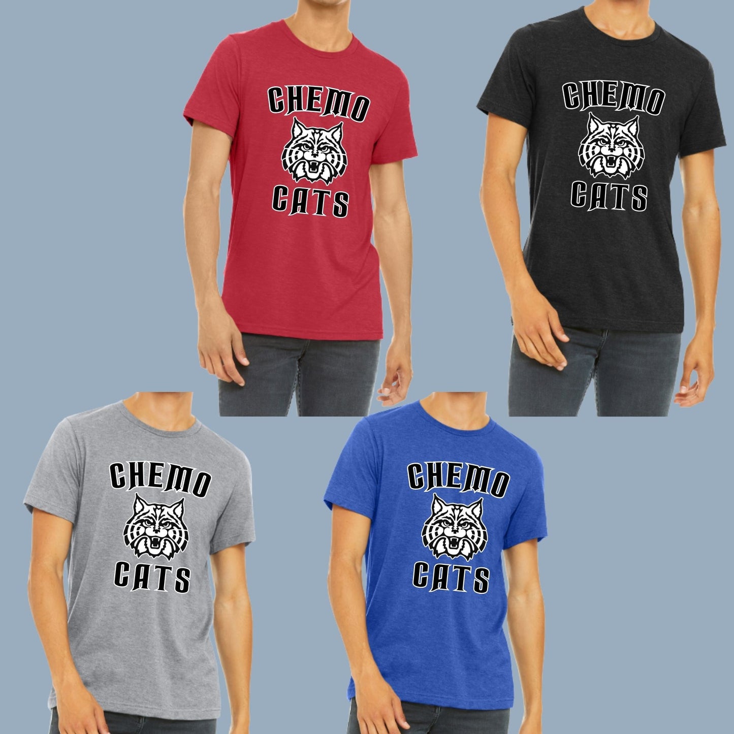 CHEMO CATS DESIGN #1 Bella Canvas UNISEX HEATHER T-Shirt, different color options to choose from IN DROP DOWNS
