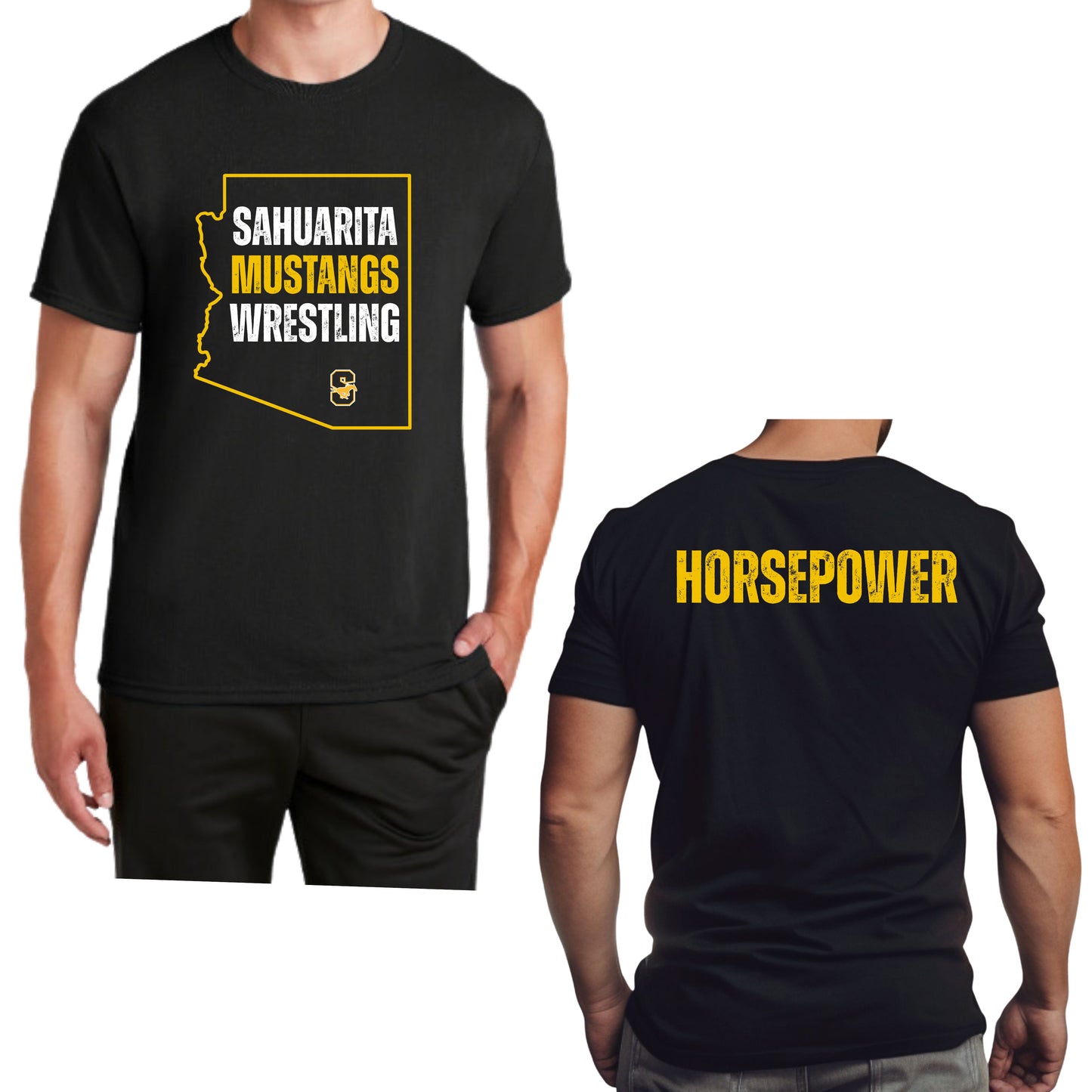 Sahuarita Mustangs Wrestling AZ OUTLINE Cotton or Sport-tek Drifit T-Shirt Unisex, Women's, & Youth Sizes