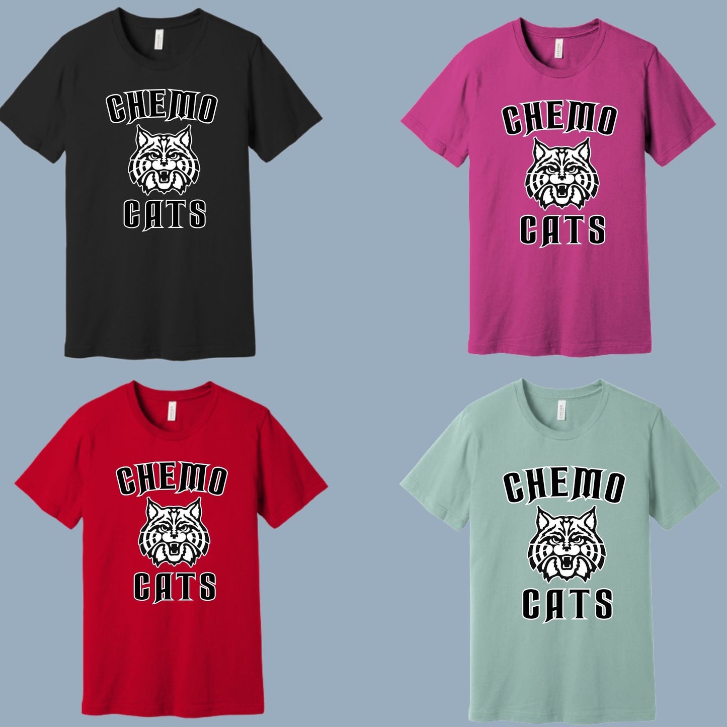 CHEMO CATS DESIGN #1 Bella Canvas UNISEX T-Shirt, different color options to choose from in dropdowns